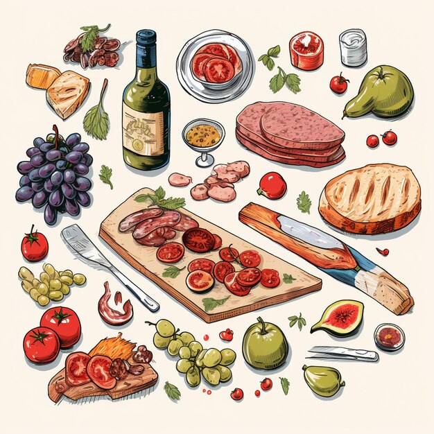 Visión superior de la comida de picnic Ilustración vectorial dibujada a mano