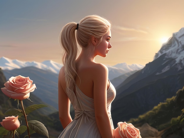 Visión trasera mujer posando con rosas en las montañas