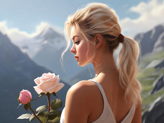 Visión trasera mujer posando con rosas en las montañas