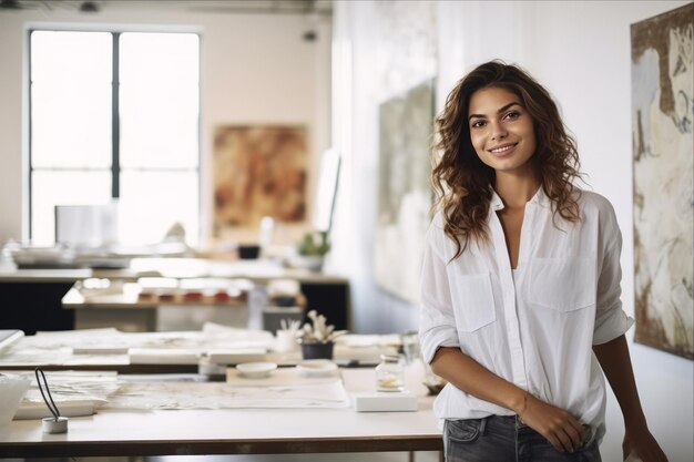 La visionaria de la oficina confiada una mujer de negocios sonriente que aspira al éxito en medio de una obra creativa