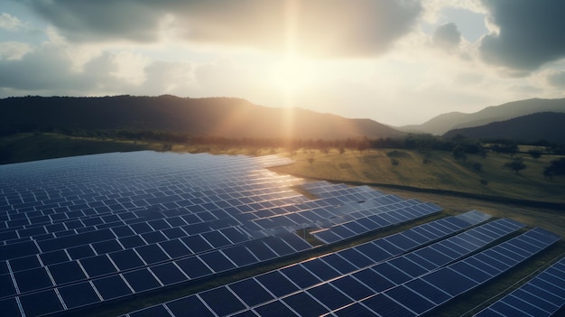 Visiones aéreas de una granja solar instalada en colinas onduladas que muestran filas de paneles fotovoltaicos