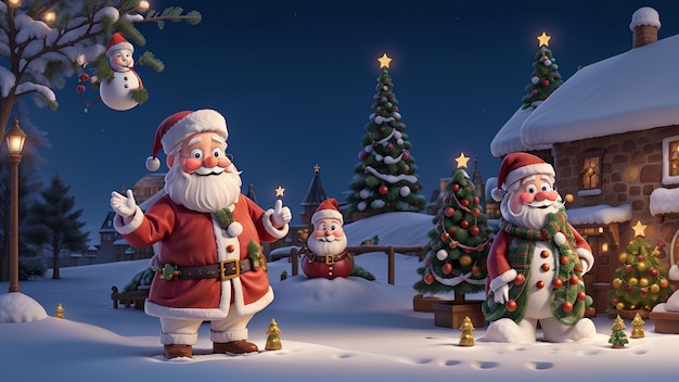 Visita festiva do Papai Noel Boneco de neve e abeto de Natal brilhante na cidade