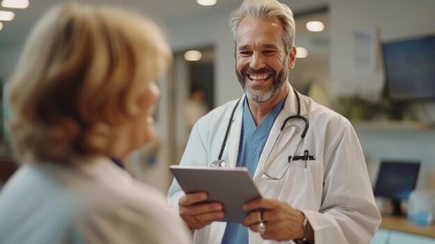 Durante una visita a un hospital un médico con una tableta habla con un paciente de diálisis masculino.