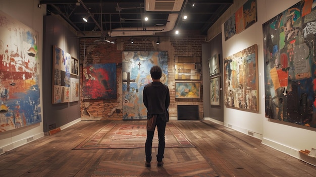 Visitante contemplando una obra de arte en un entorno rústico de una galería de arte