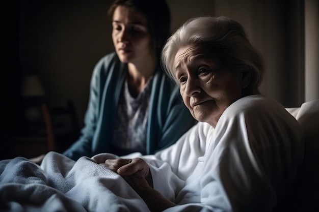 Visitante de saúde e uma mulher caucasiana sênior durante visita domiciliar imagem gerada por rede neural