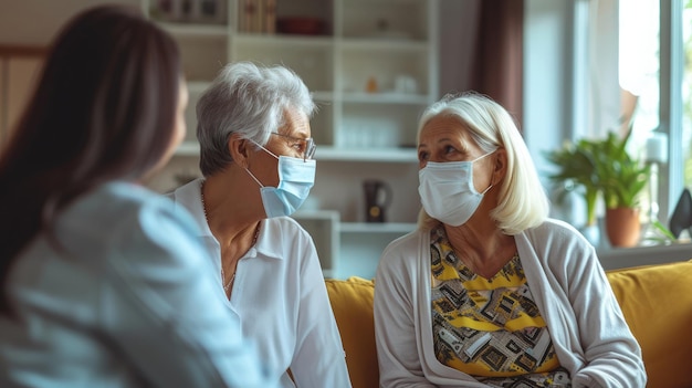 Visitante de salud y una mujer mayor durante una visita a casa