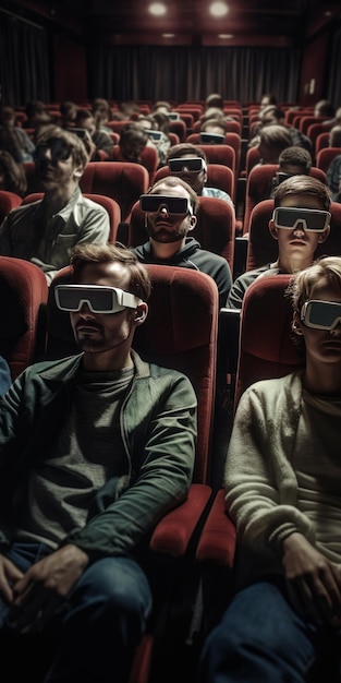 Foto los visitantes del cine se sientan en cómodos sillones rojos con gafas 3d especiales.