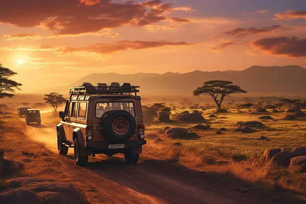 Foto visitantes desfrutando de uma aventura de safári no parque nacional do serengeti, na tanzânia, gerado com ia