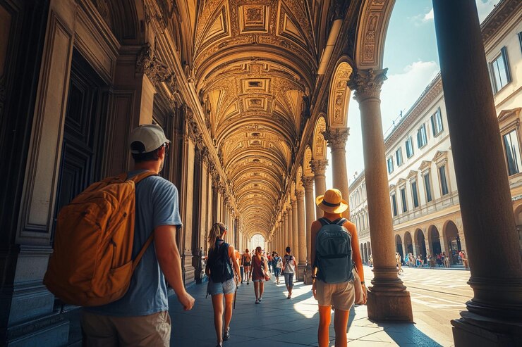 Los visitantes disfrutan de un día cálido caminando por un elegante patio con arcadas en Italia
