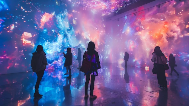Visitantes explorando uma instalação de luz viva em uma exposição de arte