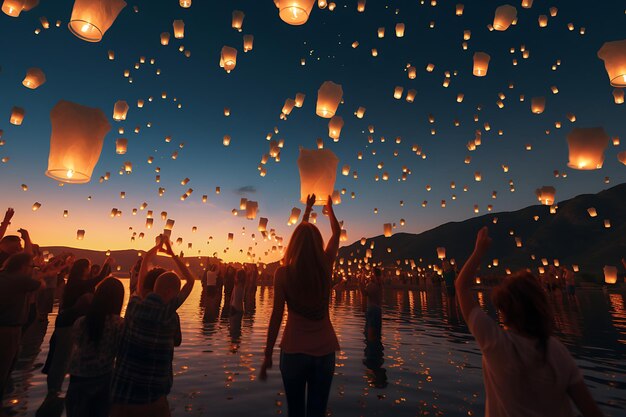 Los visitantes de la playa lanzando linternas al cielo por la noche