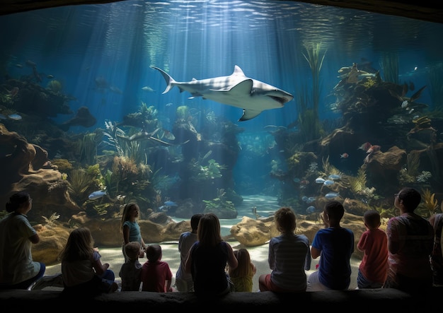 Visitantes viendo un espectáculo de alimentación de tiburones en un acuario