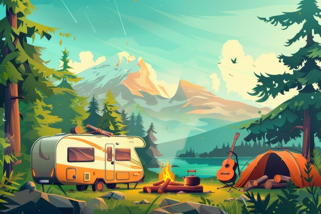 Visitar un campamento de RV durante el día con ollas tiendas de campaña troncos calderas guitarras y tiendas de campaña en la cima de una montaña en verano Actividades de acampada y senderismo de vacaciones Ilustración moderna de dibujos animados