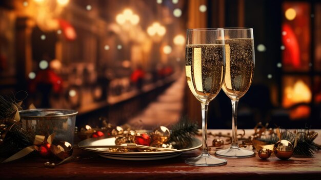 Foto la víspera de año nuevo con una copa de champán en la mesa