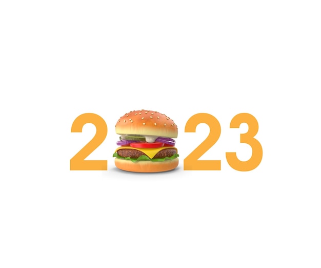 Víspera número 2023 con un logotipo de Burger, concepto de tabla de alimentos, restaurante, tienda, calendario, marca Burger