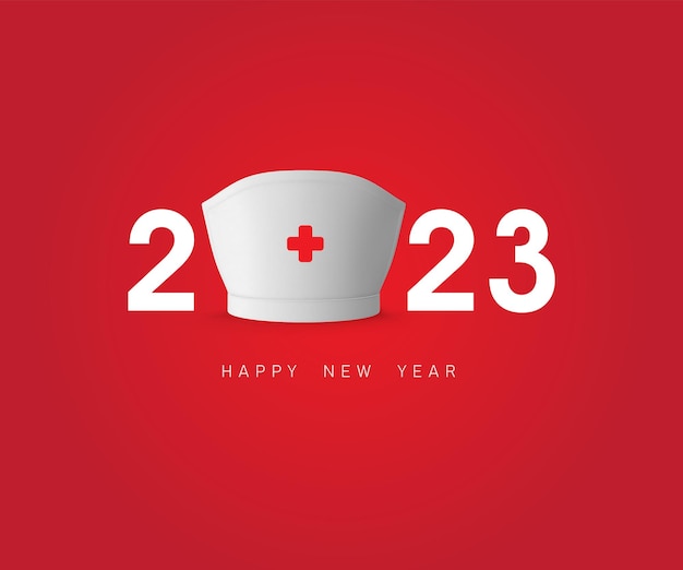 Víspera número 2023 con un logotipo de Medical Nurse CAP, Año Nuevo para la atención médica, pancarta médica, calendario