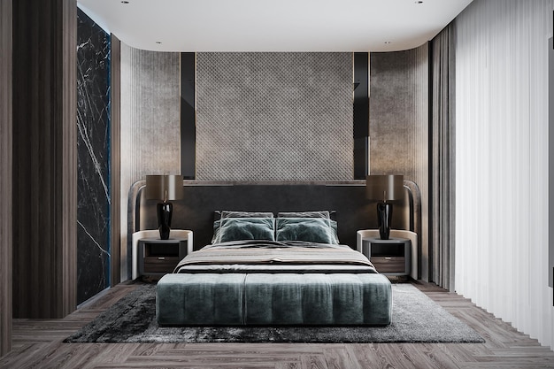 Vista 3D desde el dormitorio clásico donde se utilizan cosas exclusivas para la cama, techo de pared blanco en el diseño de interiores
