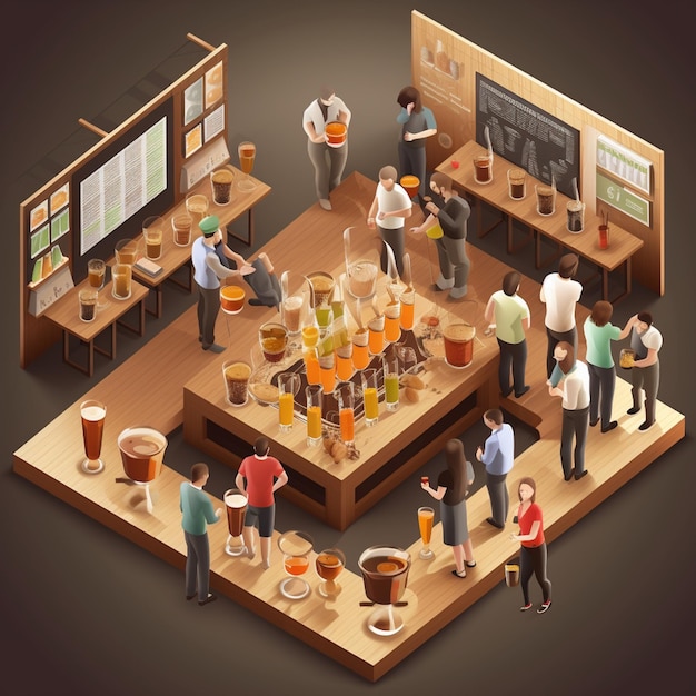 Vista 3D isométrica de um evento de degustação de cerveja com uma seleção de cervejas e exibições informativas