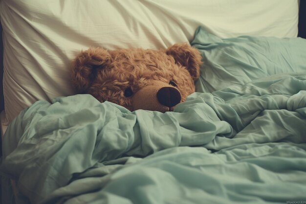 Vista à beira da cama de uma cama com um ursinho de pelúcia escondido sob as coberturas