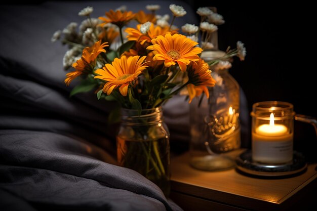 Vista à beira da cama de uma cama com um vaso de flores frescas na mesa de noite