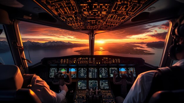 Foto vista a partir do interior da cabine com o capitão no céu nublado durante o nascer do sol