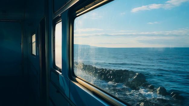 Vista a partir do interior do comboio Janela com vista para o mar Efeito cinematográfico