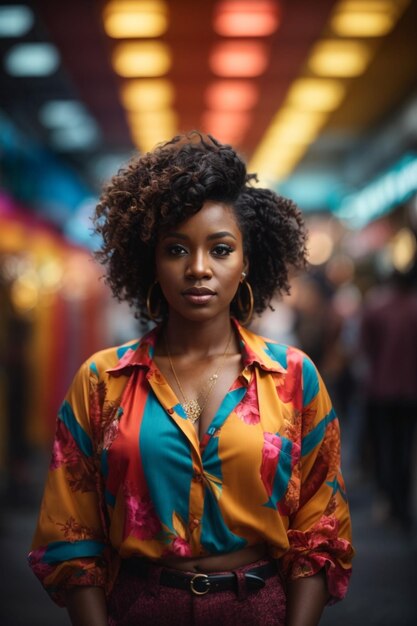 Vista desde abajo, foto de cuerpo entero de una hermosa mujer negra adulta con ropa moderna y colorida