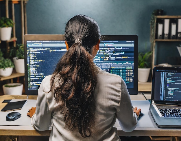 Vista hacia abajo de una ingeniera de software femenina en una computadora de espaldas sumergida en la codificación contribu...