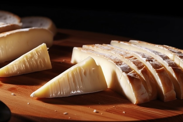 Foto vista de abajo rebanadas de queso rebanadas del cuchillo de pan en la tabla de cortar en superficie de madera