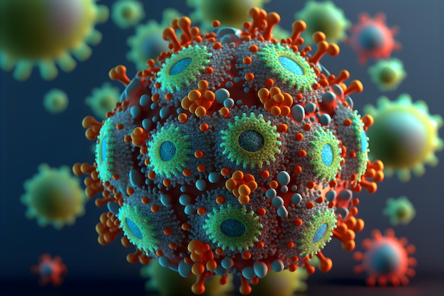 Vista abstracta del virus de la influenza o del nuevo coronavirus covid-19 a través del microscopio Arte generado por redes neuronales