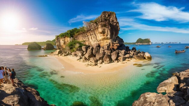 Foto vista de los acantilados rocosos y el mar claro bajo el sol brillante promthep cape