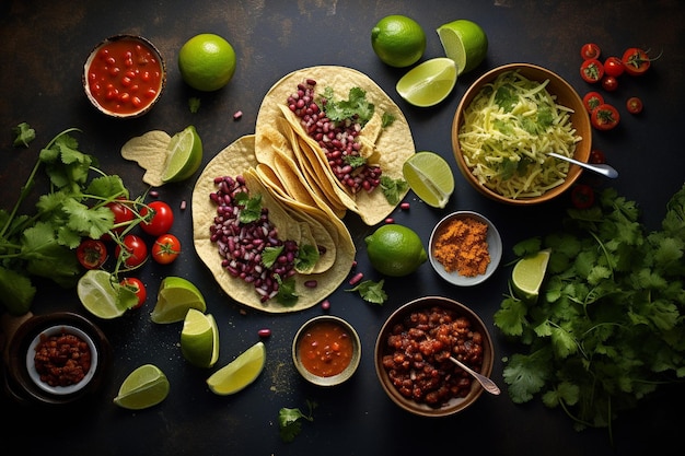 Vista acima arranjo de tacos vegetarianos