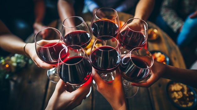 Vista acima de pessoas celebrando com copos de vinho em uma festa e evento de celebração