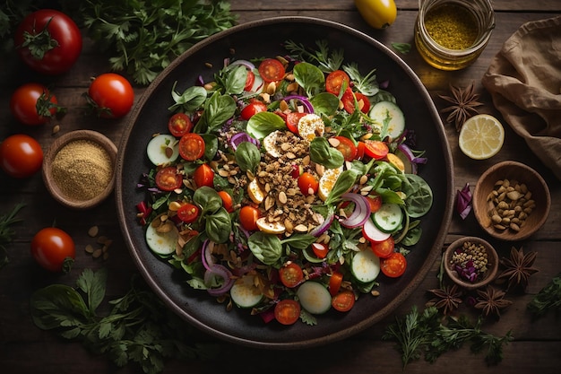 vista acima de uma deliciosa salada com muitos ingredientes frescos em talheres de garrafa de óleo de especiarias de madeira