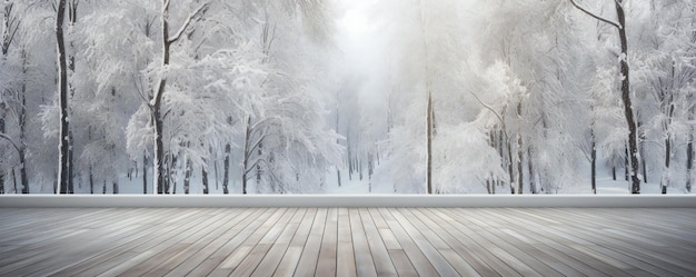 Vista aconchegante de inverno para a floresta do chão do terraço de madeira