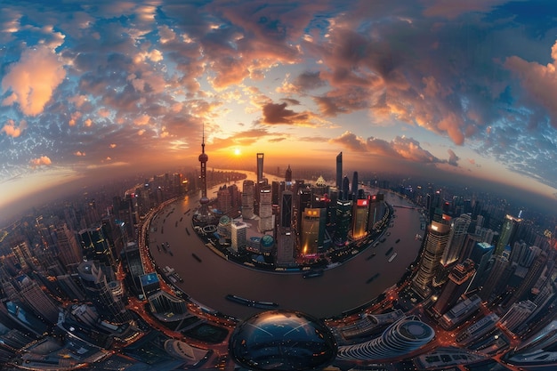 Vista aérea de 360 grados del paisaje urbano de Shanghai mitad de día y mitad de noche China