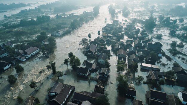 Una vista aérea abrumadora del diluvio de una zona residencial inundada