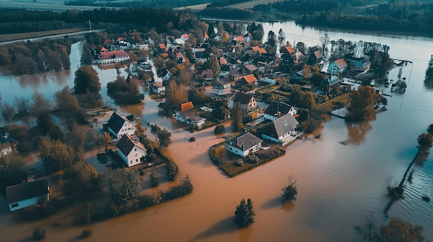 Una vista aérea abrumadora del diluvio de una zona residencial inundada