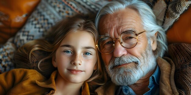 Vista aérea de un abuelo y una nieta relajándose en una acogedora alfombra en una alegre sala de estar Concepto Familia Vínculo En el interior Ambiente acogedor Atmosfera Abuelo y abuela Amor Momento relajante