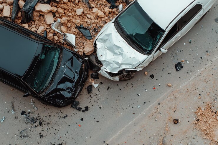 Vista aérea de un accidente automovilístico con escombros esparcidos