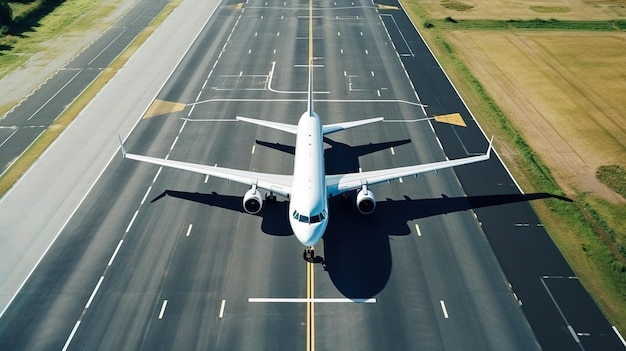 Vista aérea de una aeronave de fuselaje estrecho que sale de la pista del aeropuerto