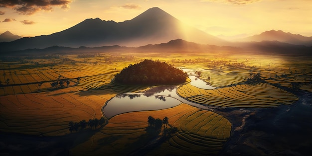 vista aérea agricultura con campo de arroz y montaña al amanecer
