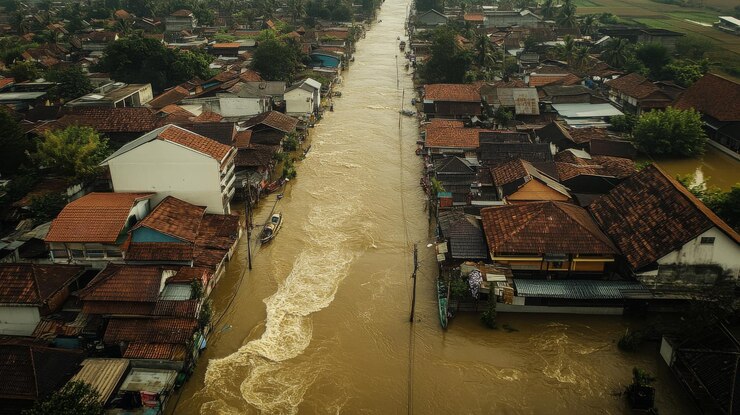Vista aérea de una aldea inundada con casas y un río