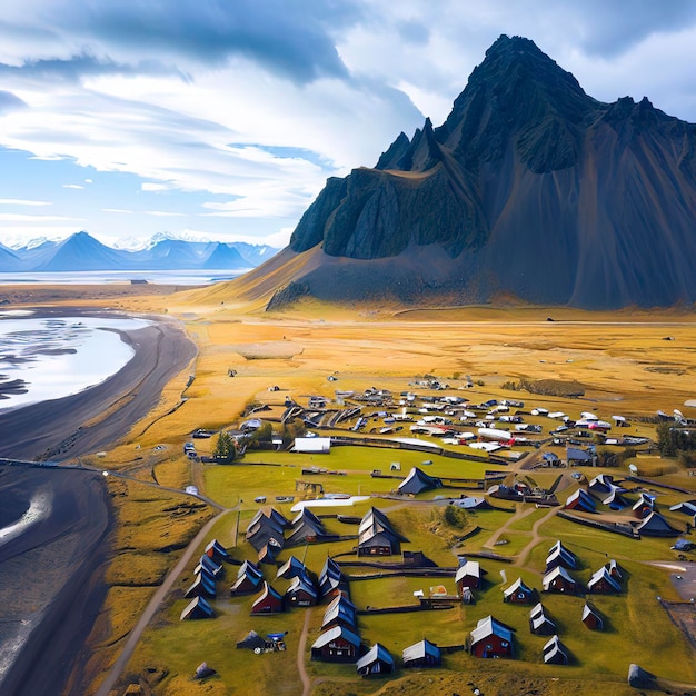 Vista aérea de una aldea vikinga con la montaña Vestrahorn en el fondo Austurland Islandia