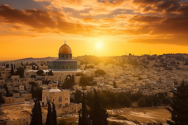 Vista aérea del amanecer detrás de la cúpula de roca y la ciudad antigua de Jerusalén Israel Palestina