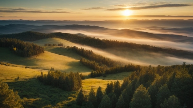 Vista aérea del amanecer en el paisaje rural