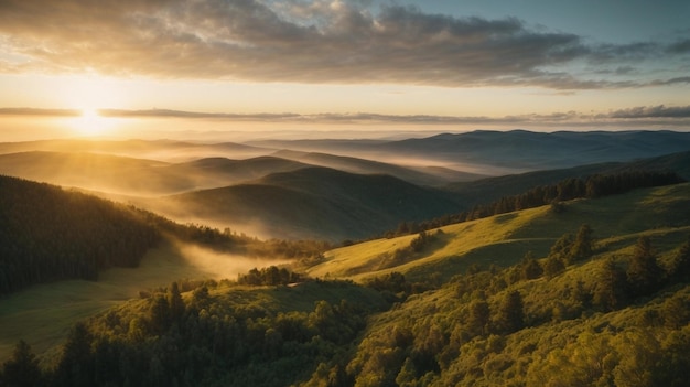 Vista aérea del amanecer en el paisaje rural