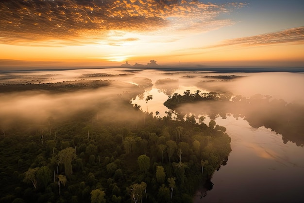 Vista aérea de las amazonas con amanecer asomándose sobre el horizonte creado con ai generativo