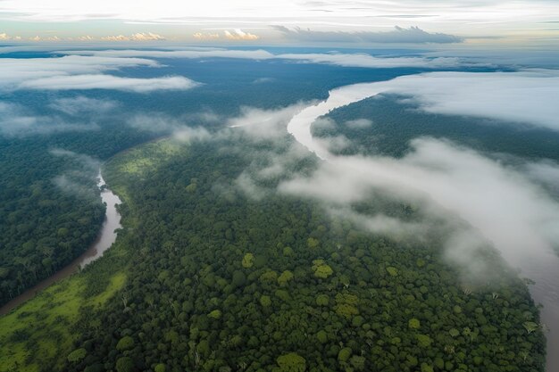 Vista aérea de las amazonas con bosque brumoso y río debajo