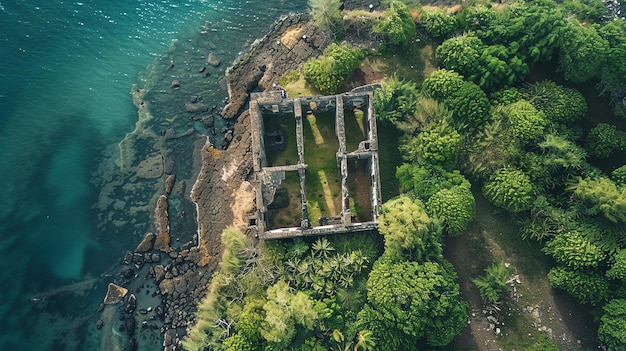 Una vista aérea de un antiguo edificio de piedra en ruinas en una pequeña isla